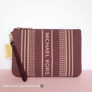 MICHAEL KORS Jet Set Signature Jacquard Large Zip Pouch Wristlet- Dark Berry